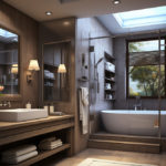 Luxury bathroom with window, sky light and modern farmhouse sink.