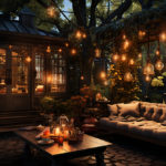 Dark outdoor patio illuminated by small lights hanging from tree branches.